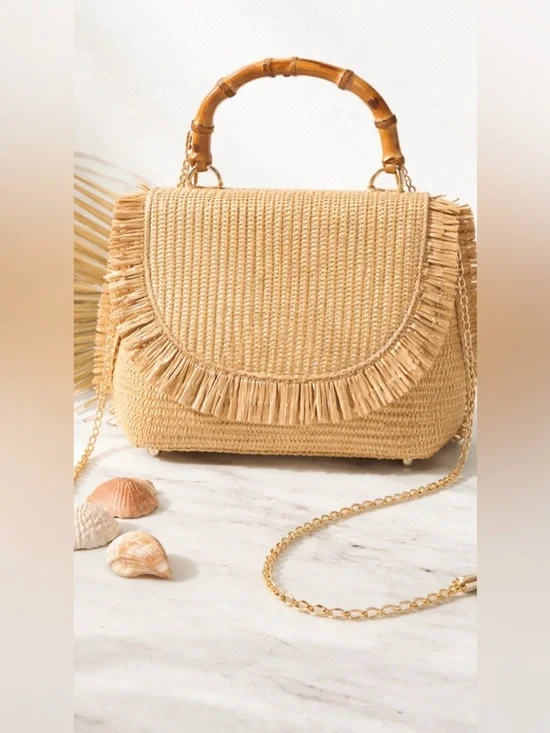 Tommy Bahama Bamboo Handle Raffia Fringe Crossbody Bag Luxe Resort Boho Beach - Picture 2 of 10